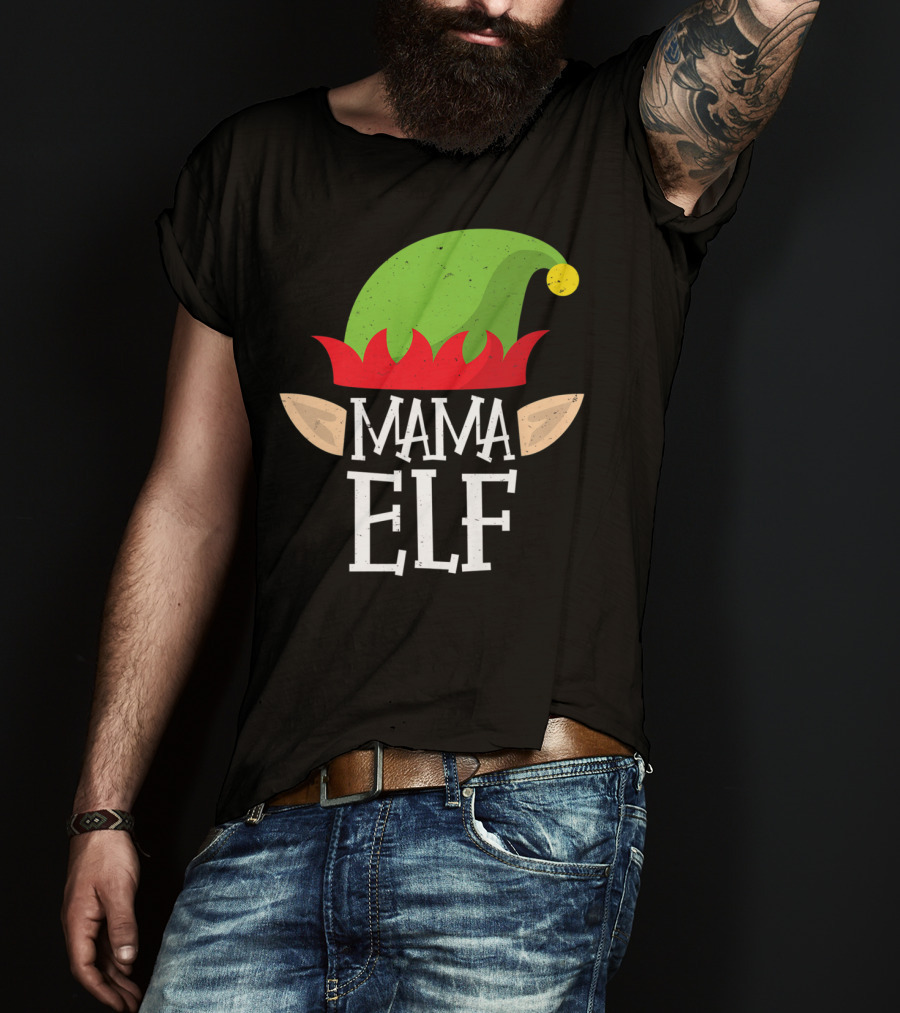 Mama Elf Christmas Matching Family Elves Hat And Ears T-Shirt