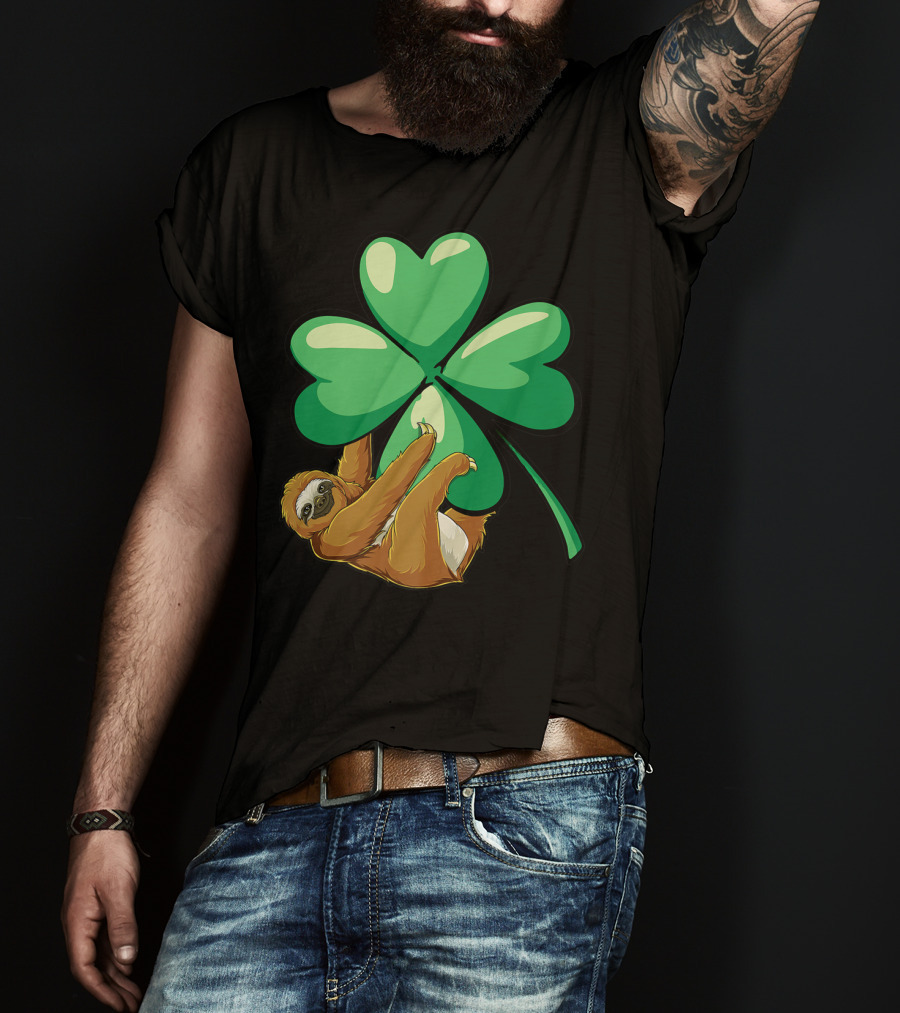 Sloth Hugging Shamrock St Patricks Day Women Girls Lucky Charm T-Shirt
