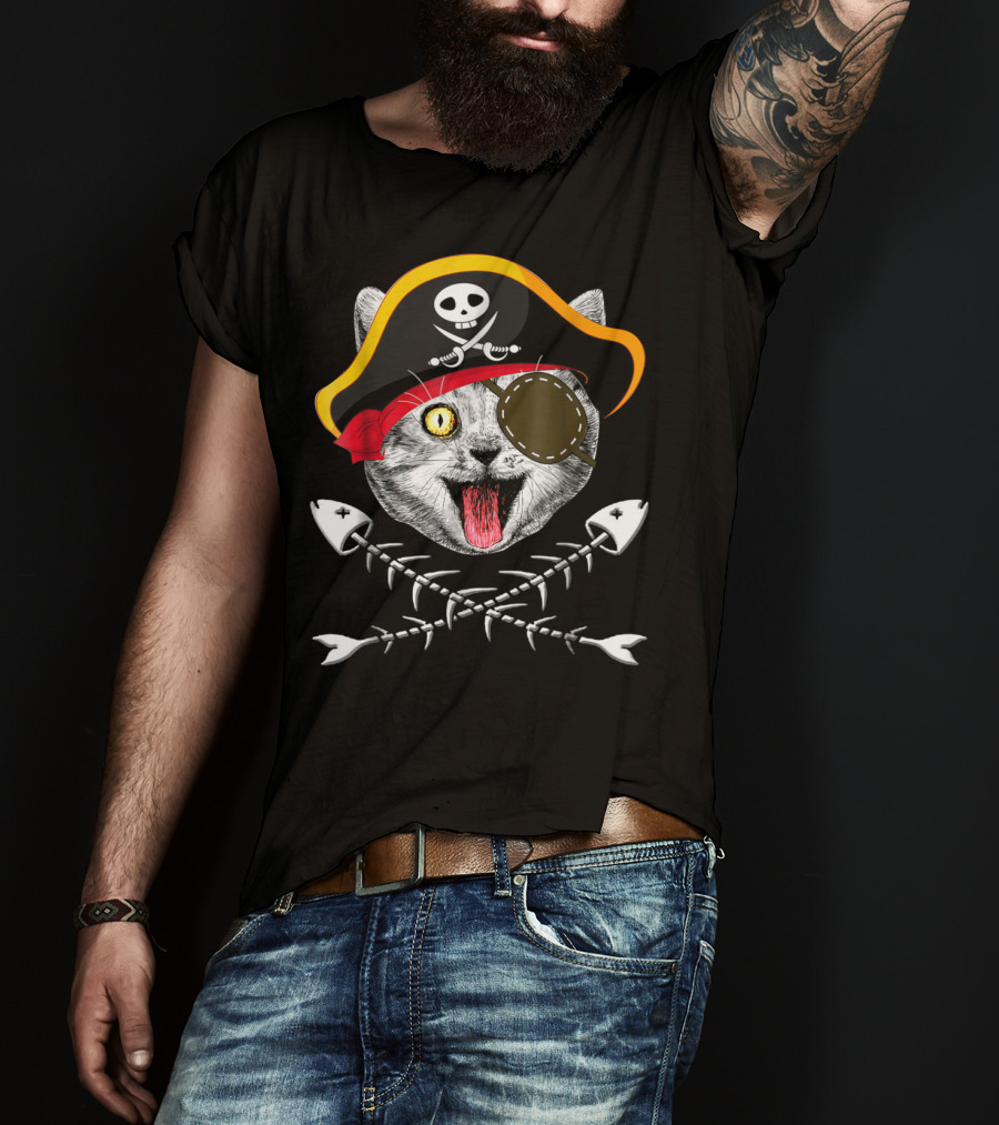 Cat Pirate Jolly Roger Flag Skull Crossbones Eyepatch Fishbones T-Shirt