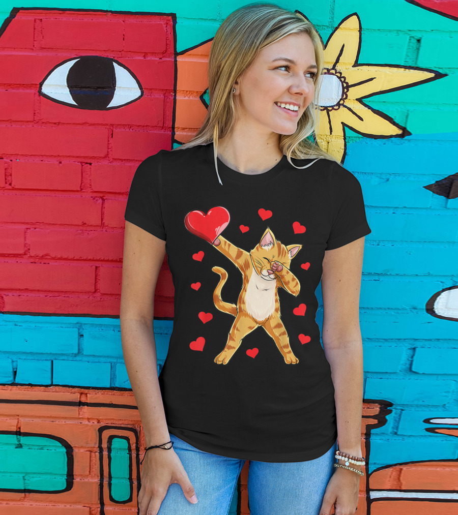 Dabbing Cat Heart Valentines Day Girls Kitten Lover 14 T-Shirt