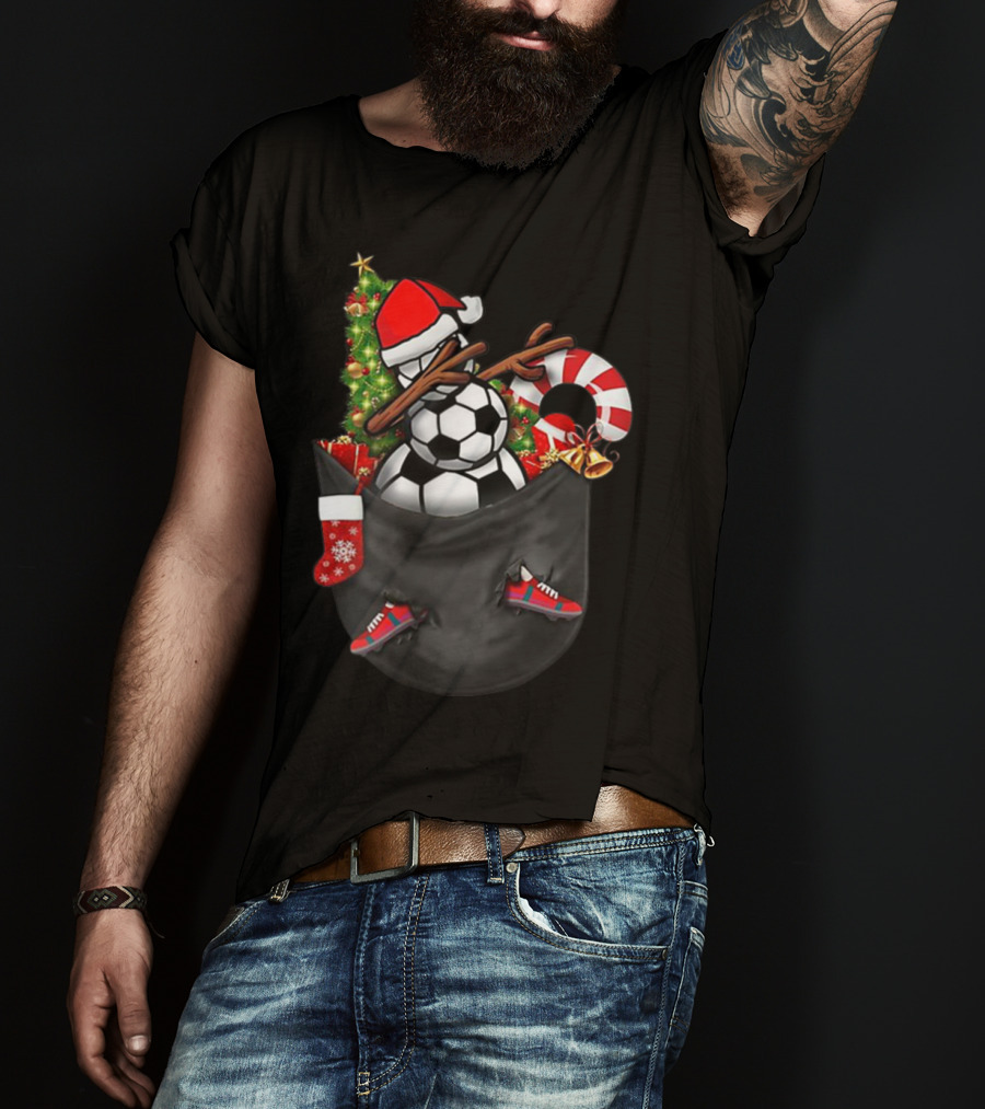 Dabbing Snowman With Soccer Ball And Christmas Decorations In Pocket T-Shirt