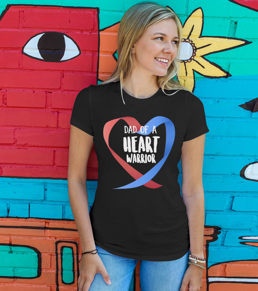 Dad Of A Heart Warrior CHD Awareness Red And Blue Ribbon Heart T-Shirt