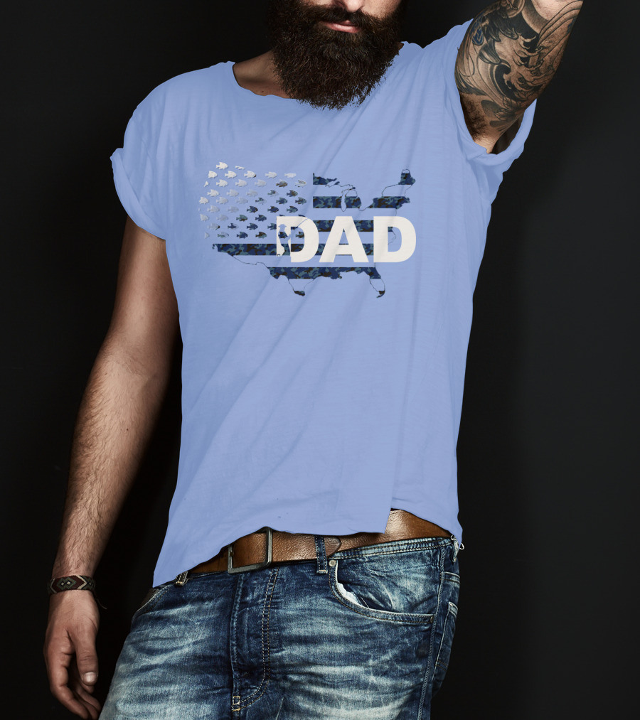 Dad Camouflage Flag Map USA Fish T-Shirt