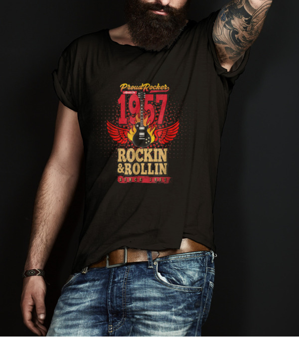 Proud Rocker Since 1957 Flaming Wing Guitar Rockin And Rollin T-Shirt