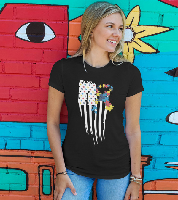 Autism Awareness Month Stars And Stripes Puzzle Ribbon Flag T-Shirt