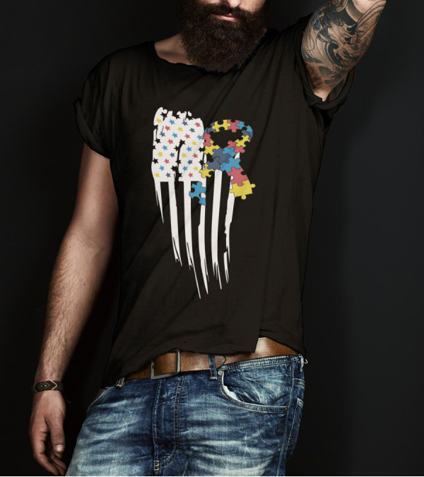 Autism Awareness Month Stars And Stripes Puzzle Ribbon Flag T-Shirt