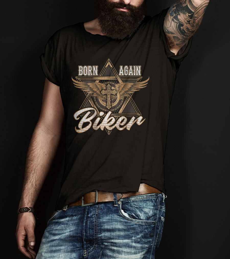 Born Again Biker Dad Motorcycle50 Winged Cross Star T-Shirt