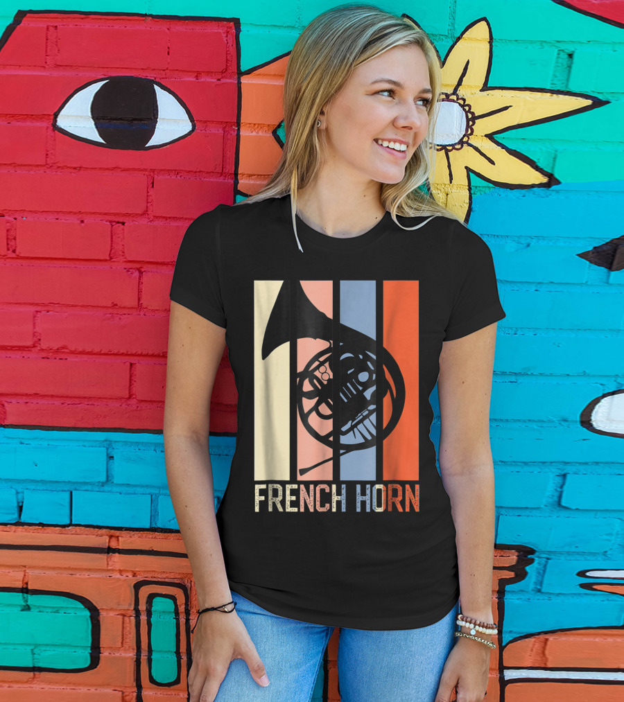 French Horn Dad Marching Band High School Strip Style Retro Music 22 T-Shirt