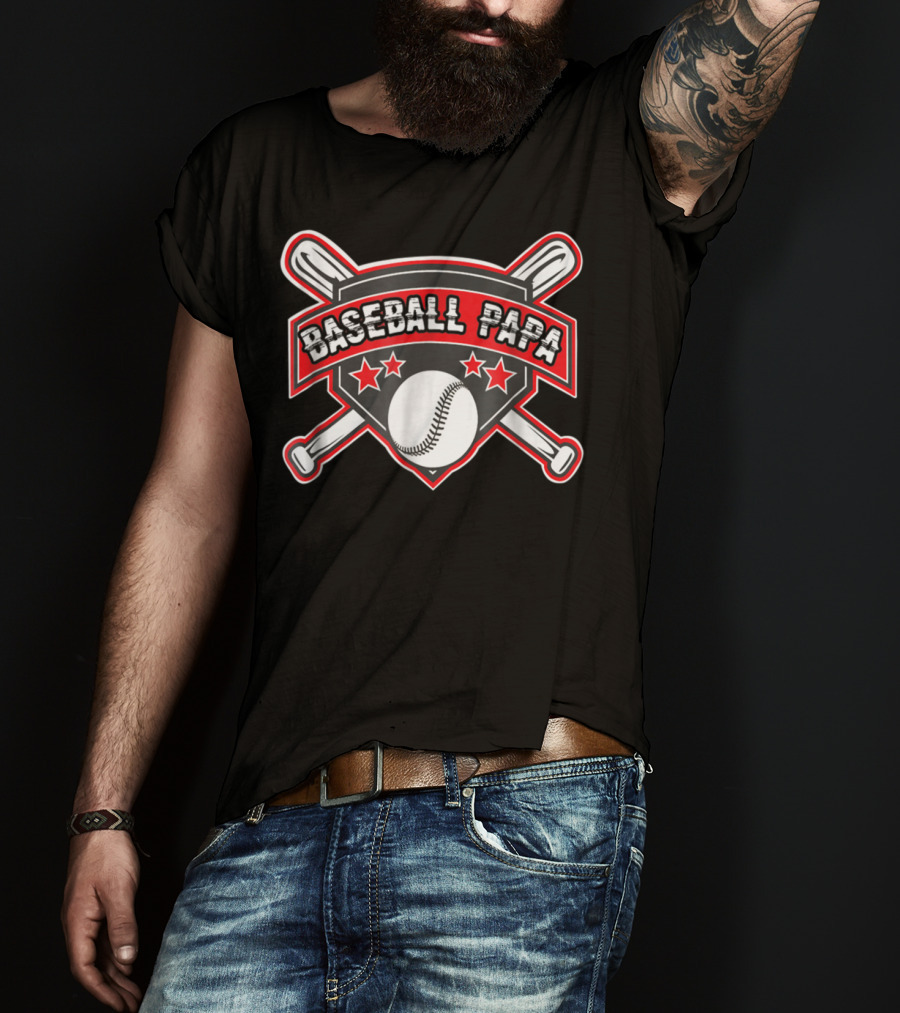 Baseball Papa Shield With Crossed Bats And Stars T-Shirt