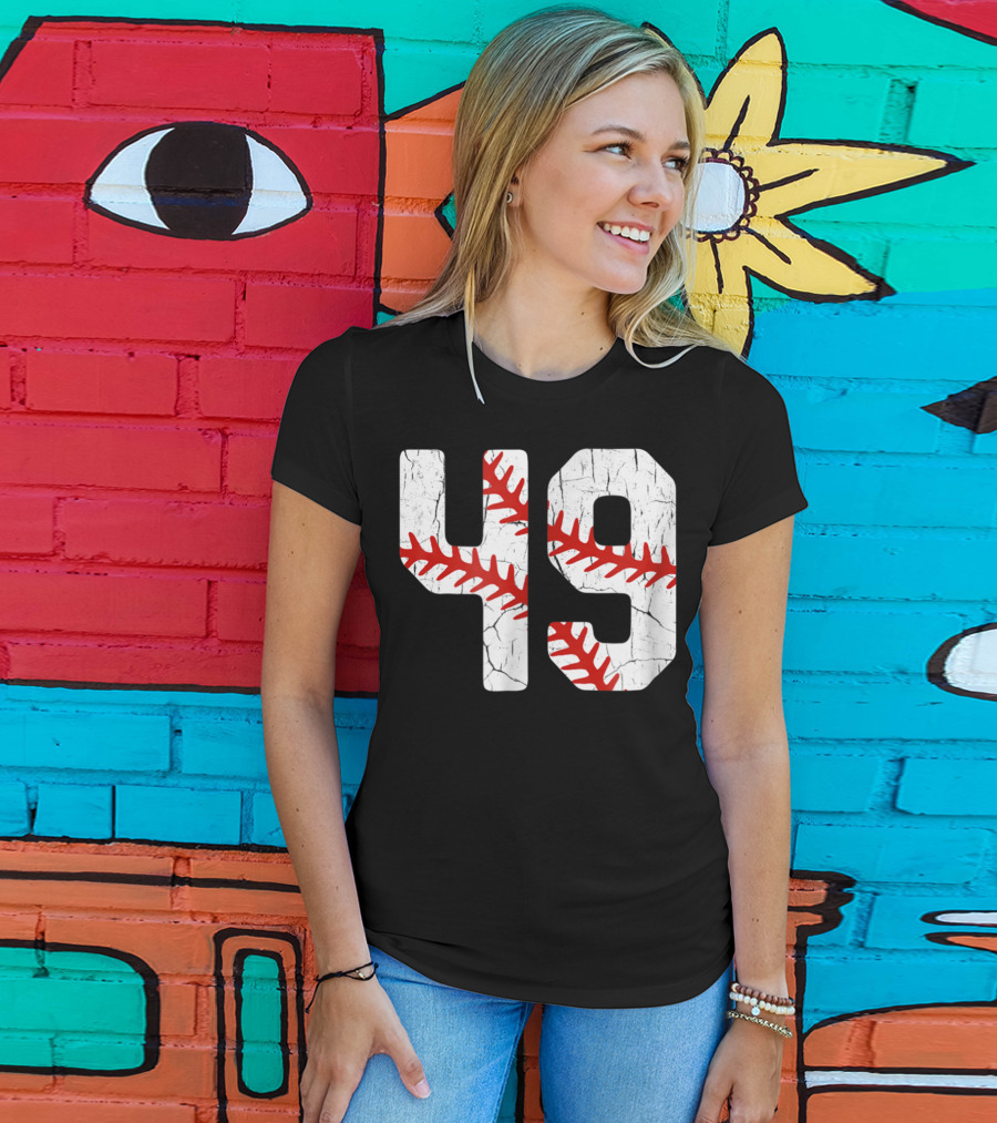 Baseball Player Jersey Number 49 Red Stitching T-Shirt