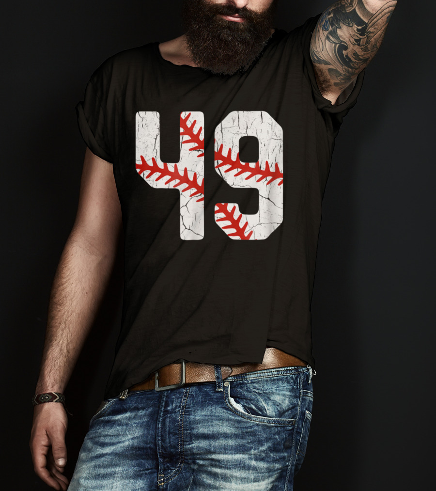 Baseball Player Jersey Number 49 Red Stitching T-Shirt