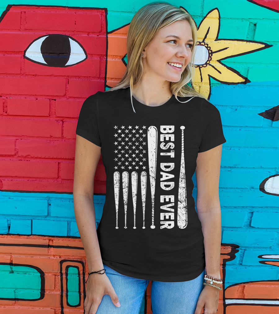 Best Dad Ever American Flag Baseball SoftballUSA T-Shirt
