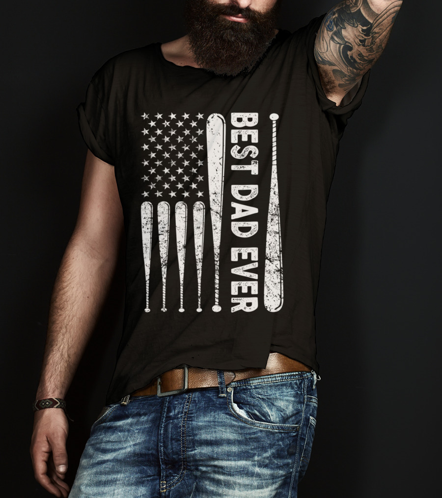 Best Dad Ever American Flag Baseball SoftballUSA T-Shirt