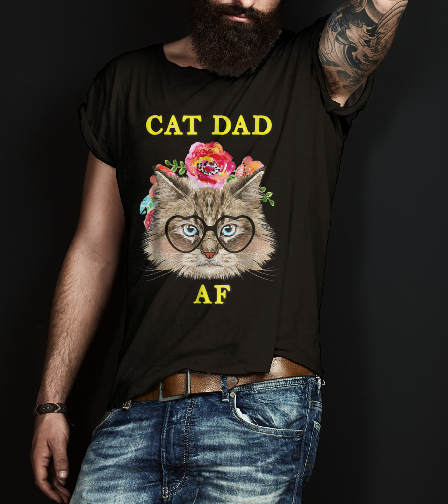 Funny Cat Dad AF With Floral Bouquet And Glasses T-Shirt