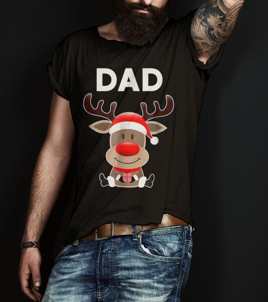 Dad Christmas Reindeer With Santa Hat And Gift T-Shirt
