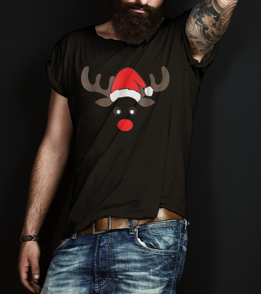 Family Christmas Card Photo Reindeer Dad Boy Men Santa Hat Red Nose T-Shirt