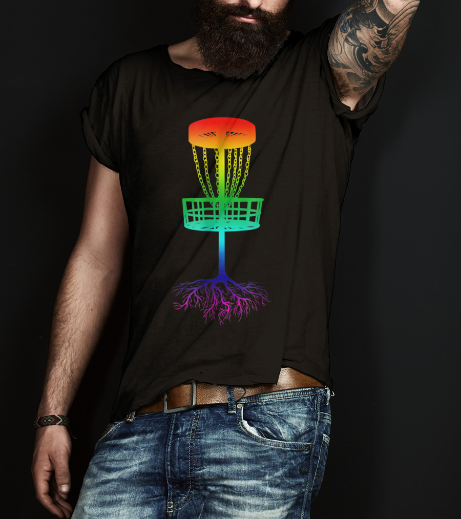Rainbow Disc Golf Basket With Vibrant Roots T-Shirt