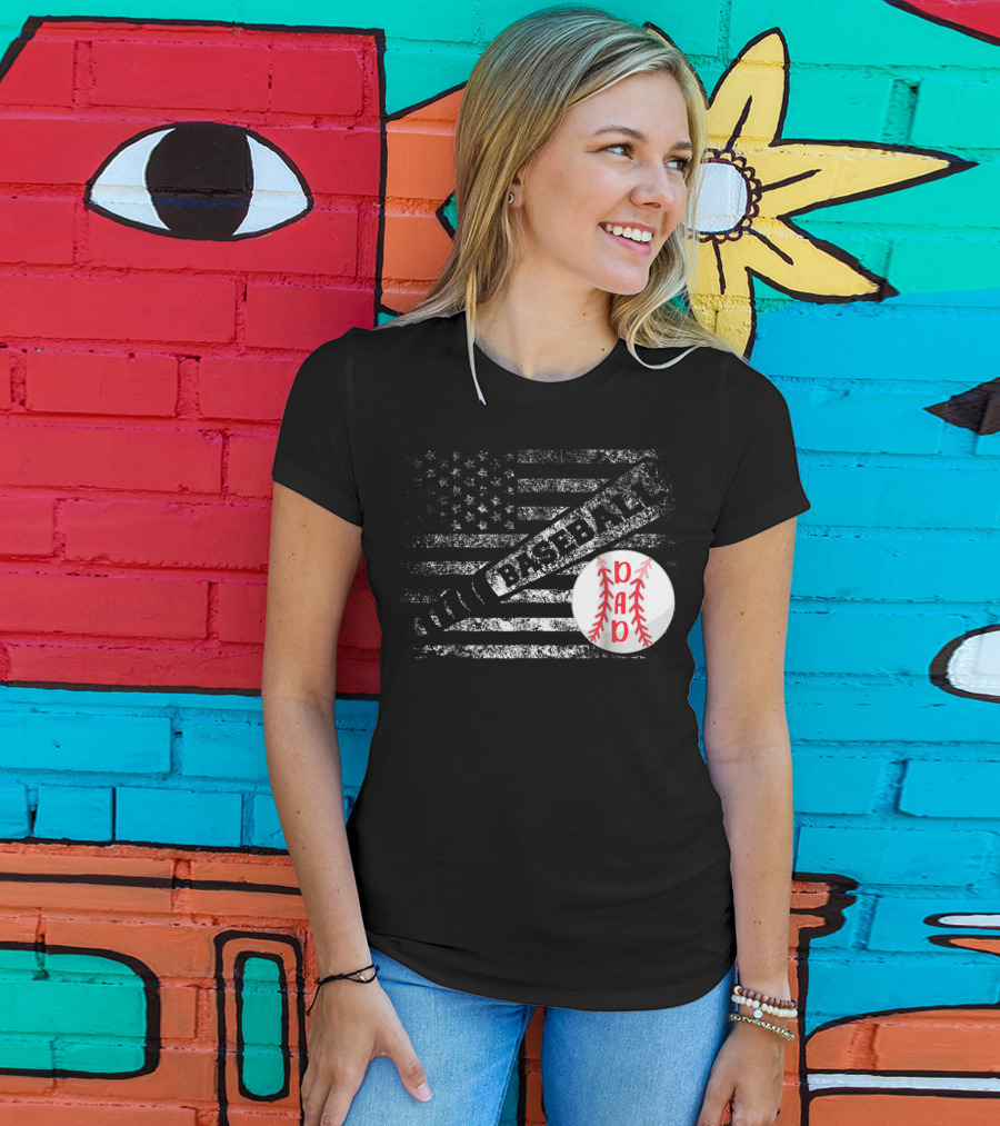 Baseball Dad American Flag With Bat And Ball T-Shirt