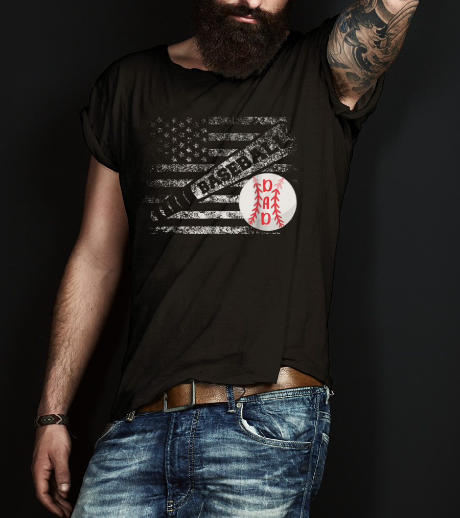 Baseball Dad American Flag With Bat And Ball T-Shirt