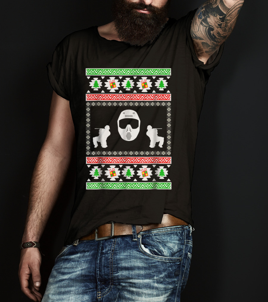 Airsoft Player Ugly Christmas Mask Trees Gifts Merry Holiday T-Shirt