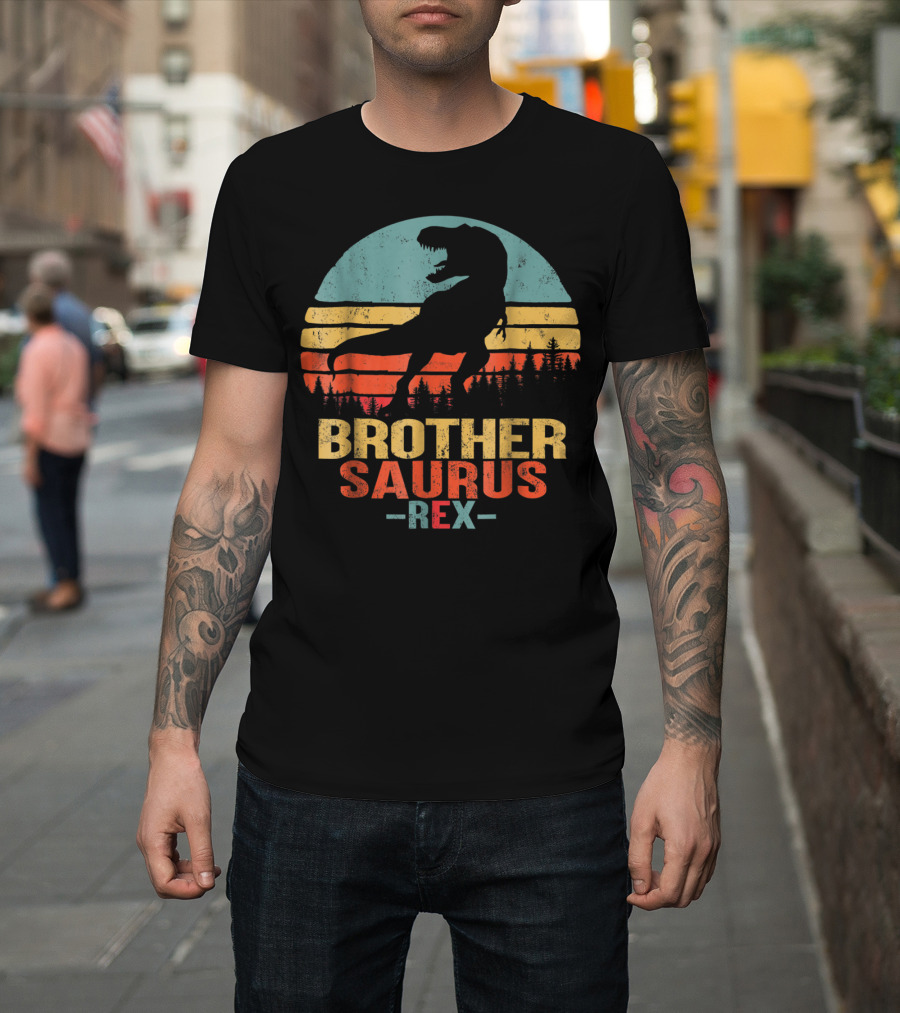 Brothersaurus Rex Dinosaur Silhouette Retro Sunset T-Shirt