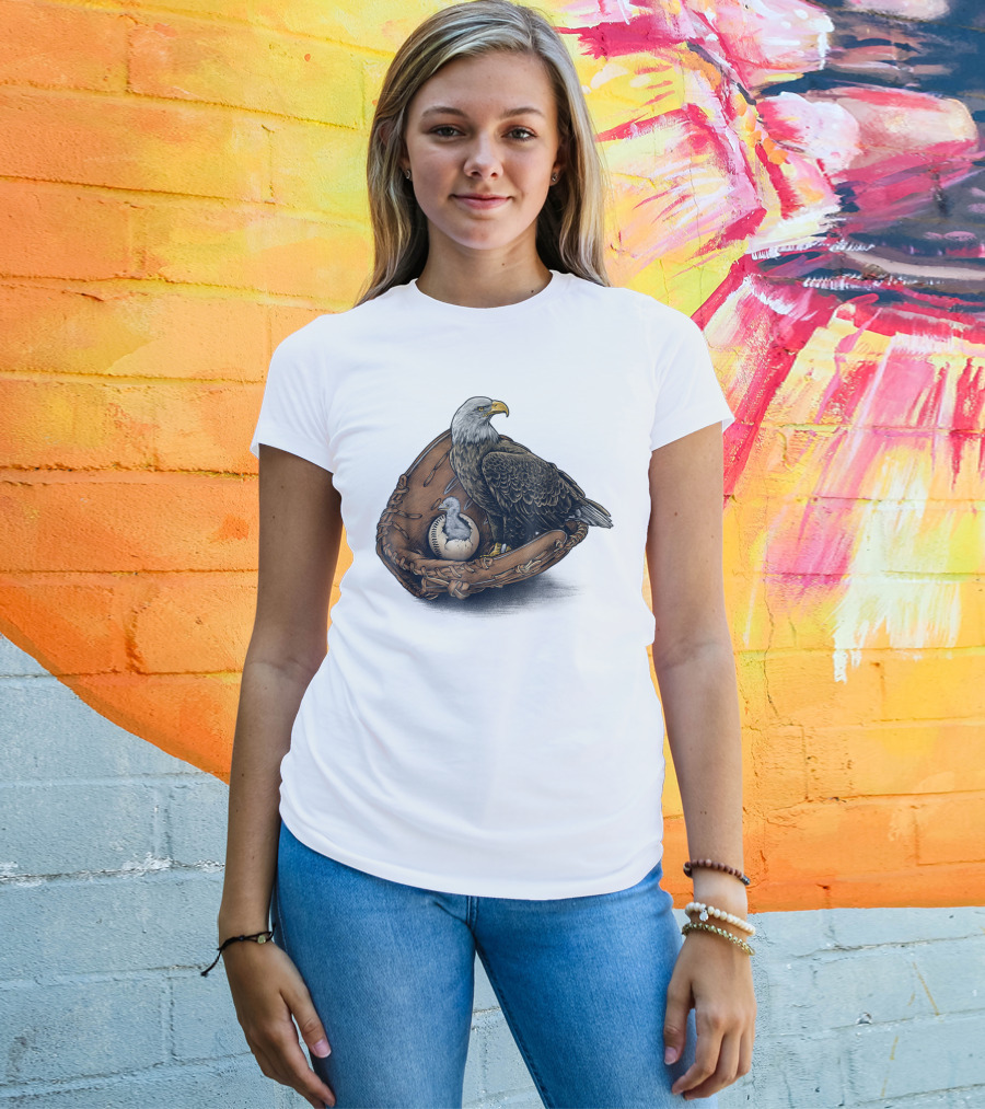 American Baseball Bald Eagle With Glove And Baseball Nestling Kids11 T-Shirt