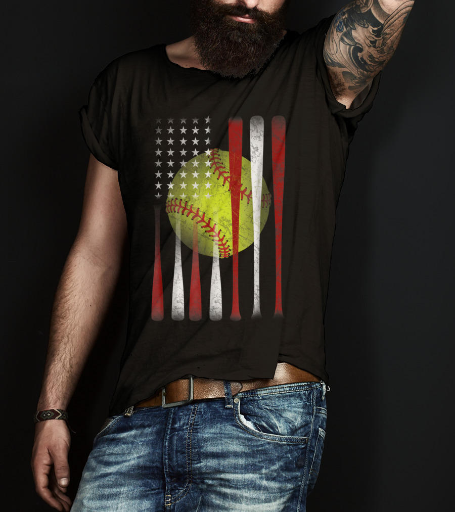American Flag Softball Vintage Distressed US Flag Bat T-Shirt