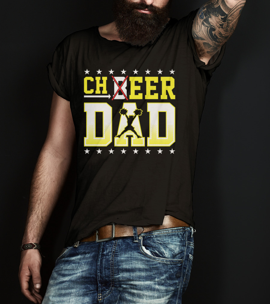 Cheer Dad Beer Dad Bold Text Stars Pom-Pom T-Shirt