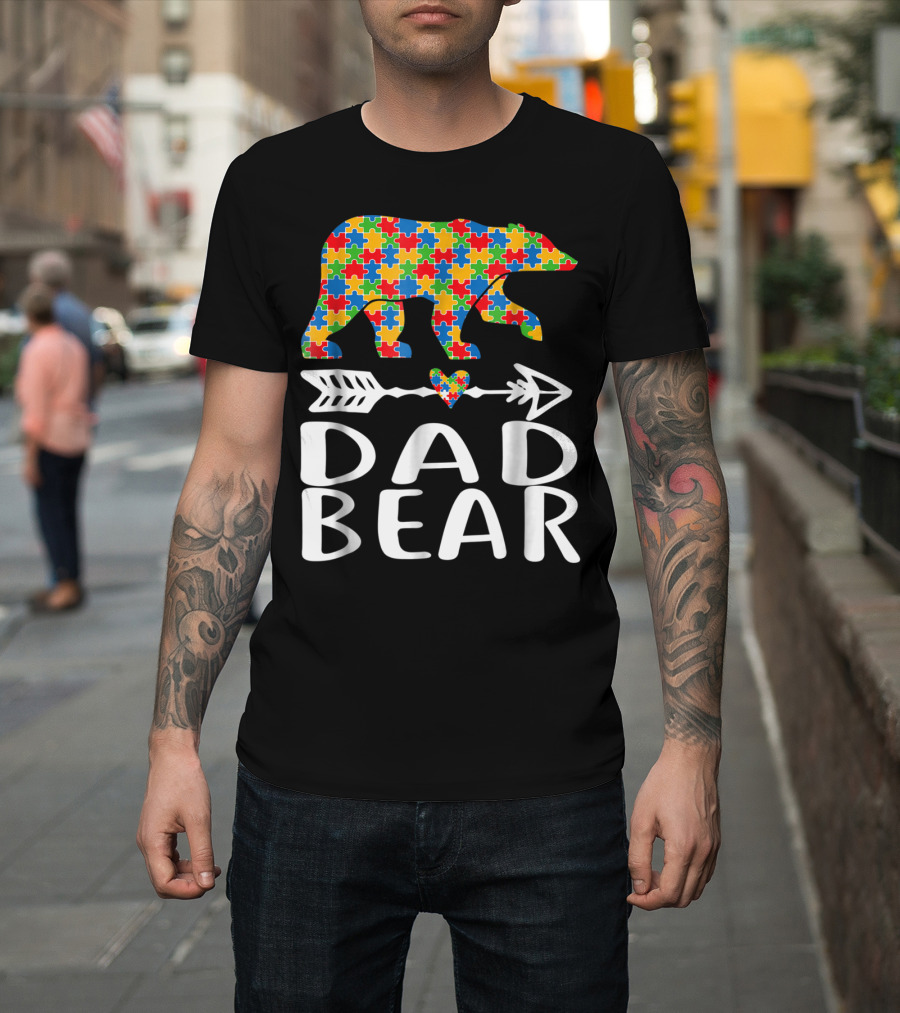 Autism Awareness Bear Puzzle Dad Arrow Heart Family T-Shirt