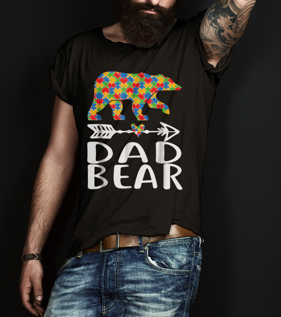 Autism Awareness Bear Puzzle Dad Arrow Heart Family T-Shirt