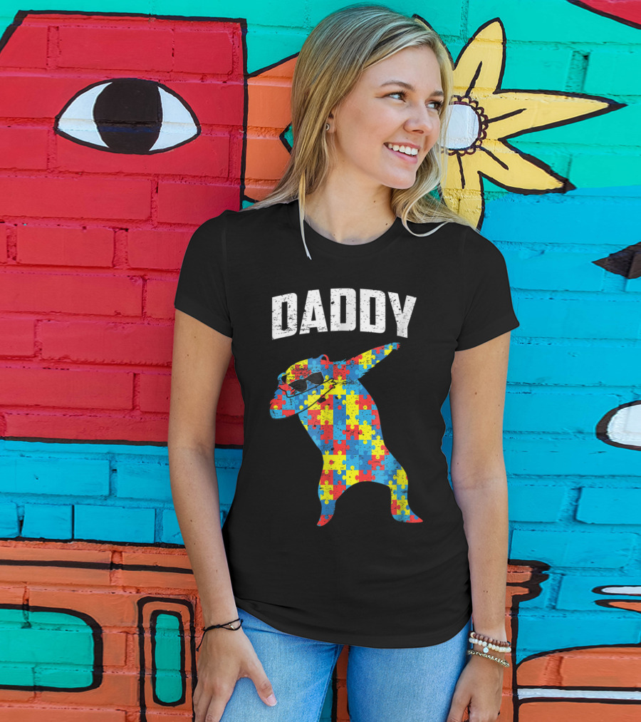 Daddy Bear Autism Puzzle Pattern Dabbing Glasses T-Shirt