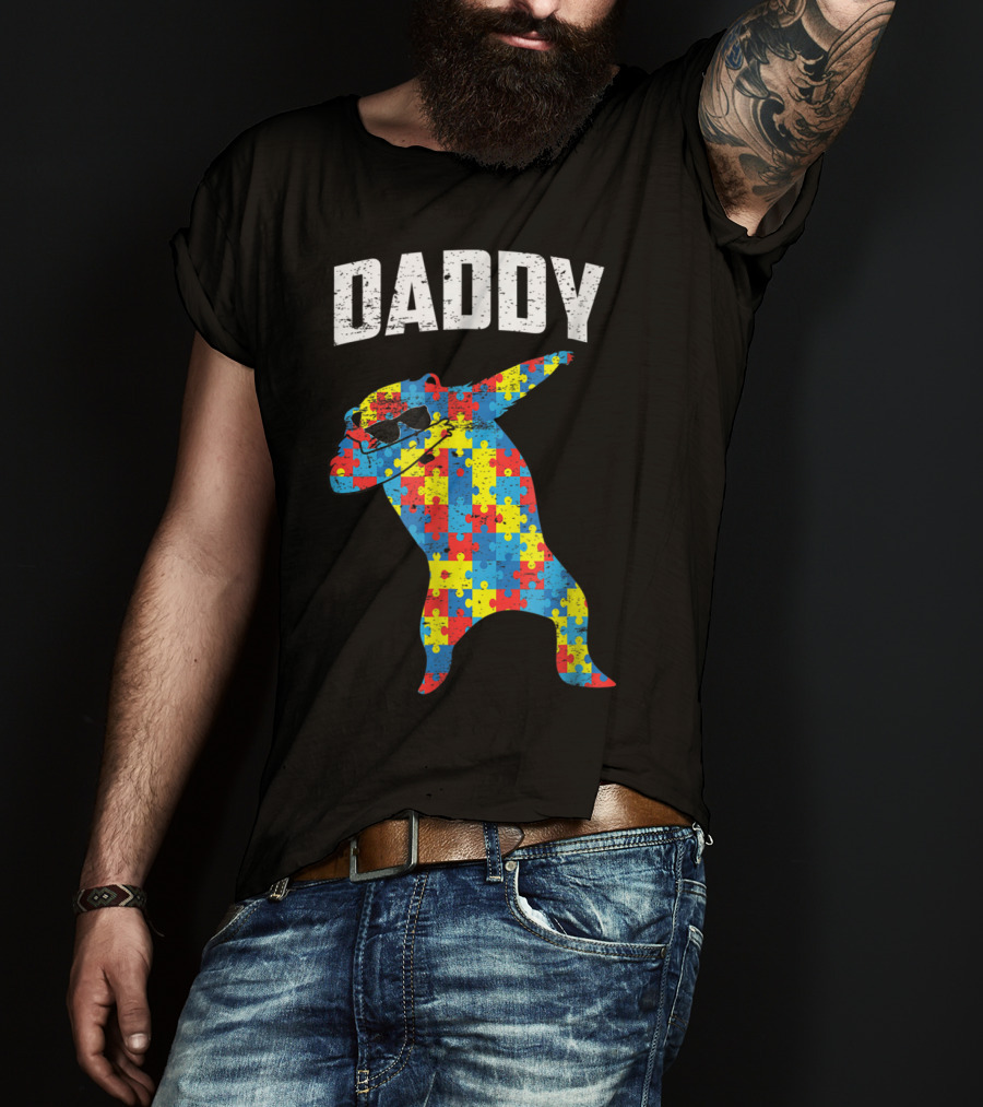 Daddy Bear Autism Puzzle Pattern Dabbing Glasses T-Shirt