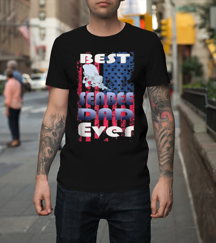 Best Seabee Dad Ever American Flag Bee Mascot T-Shirt