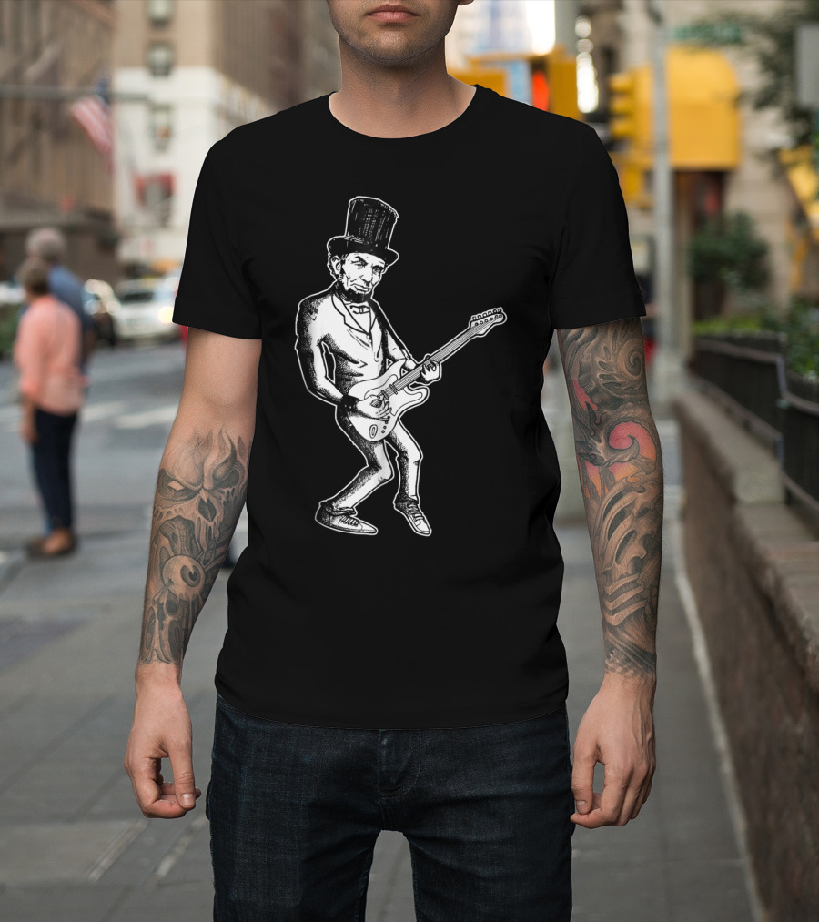 Abraham Lincoln Guitar Dad Rock Star With Top Hat And Electric Guitar T-Shirt