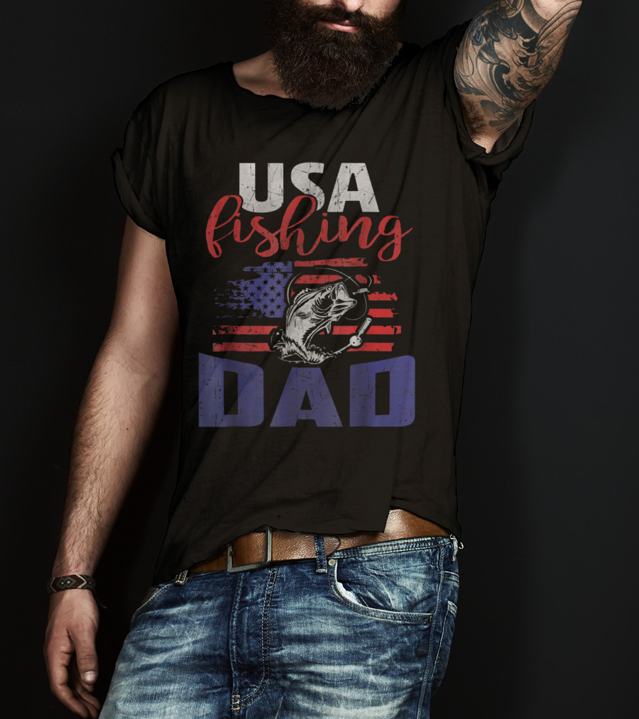 USA Fishing Dad American Flag Bass Fish T-Shirt