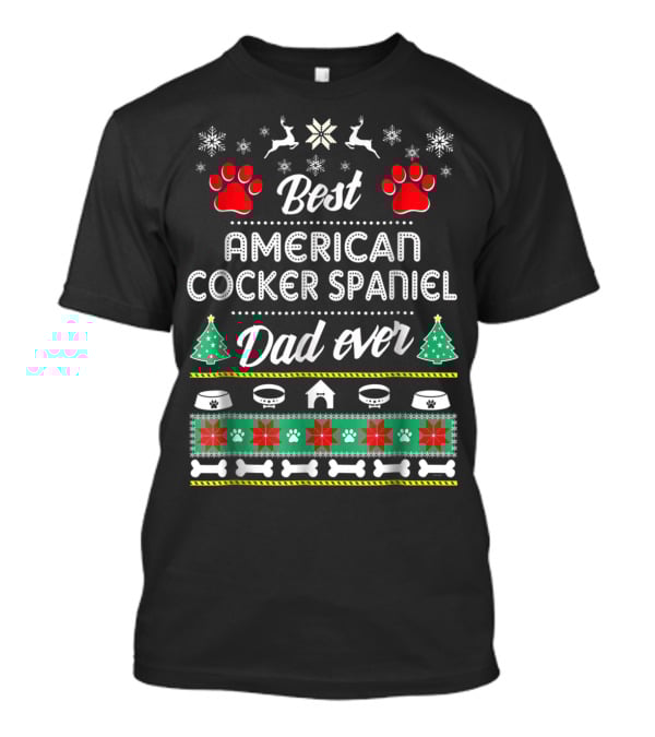 Best American Cocker Spaniel Dad Ever Christmas Pawprints Snowflakes Bones T-Shirt
