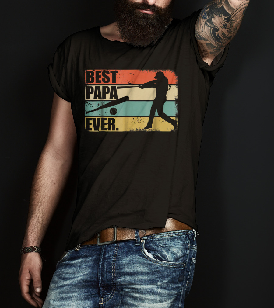 Best Papa Ever Vintage Baseball Silhouette Retro Stripes T-Shirt