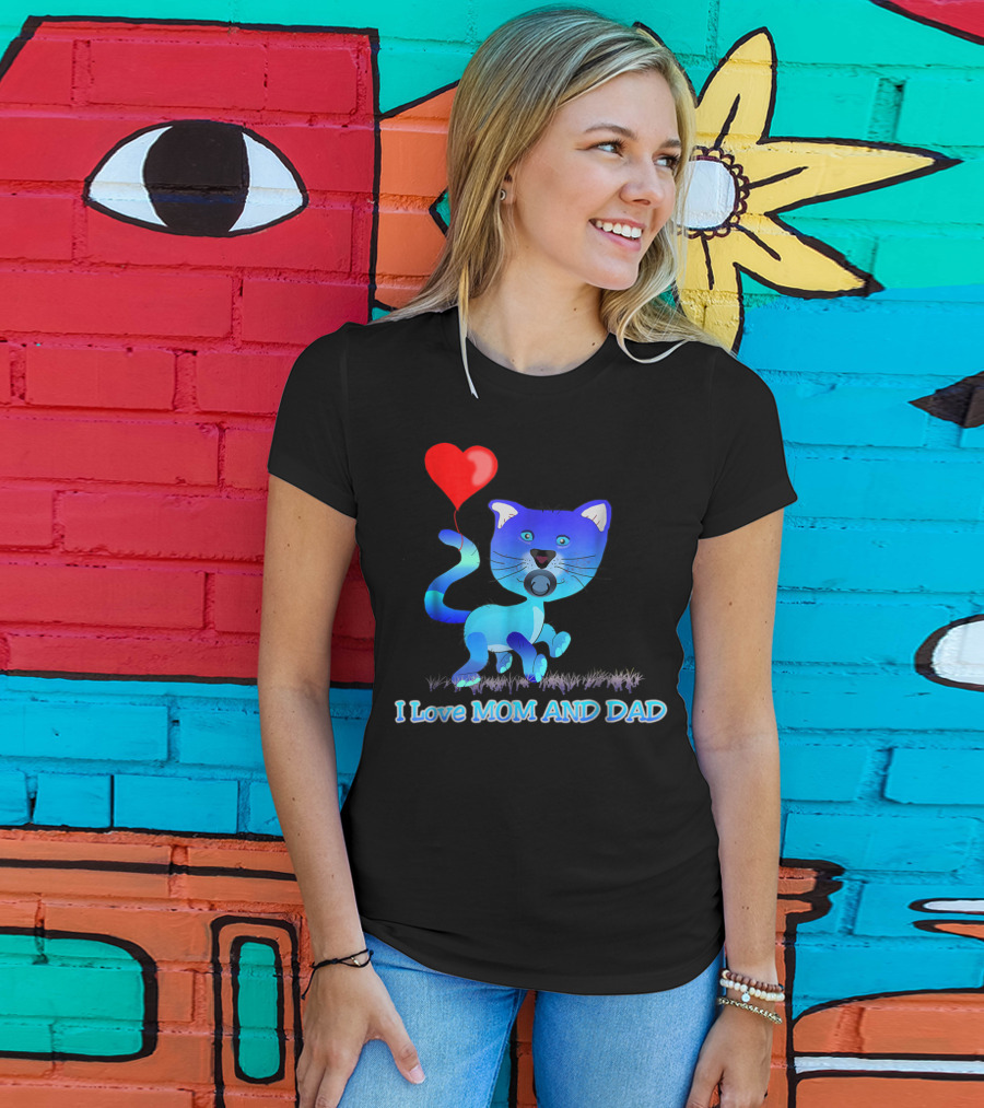 I Love Mom And Dad Cat With Heart Balloon Dummy Boy Kids Teens T-Shirt