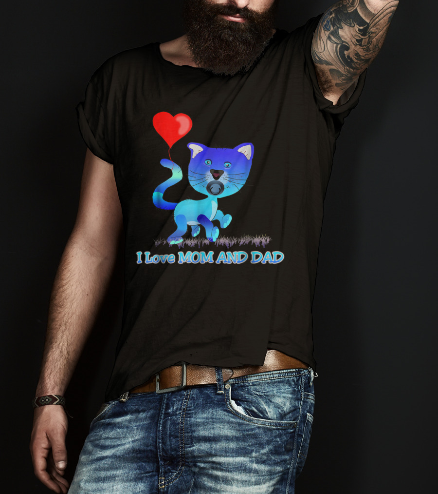 I Love Mom And Dad Cat With Heart Balloon Dummy Boy Kids Teens T-Shirt