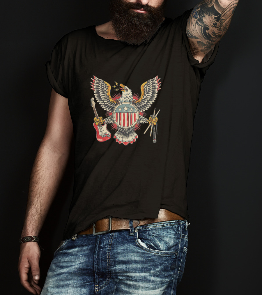 American Rockstar Eagle With Guitar And Drumsticks T-Shirt