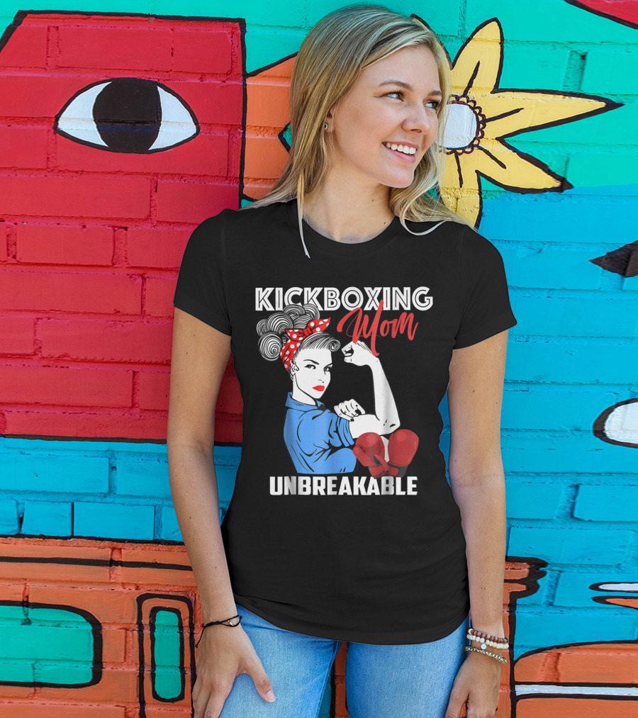Kickboxing Mom Unbreakable Rosie The Riveter Inspired Kickboxer Mother With Red Gloves T-Shirt