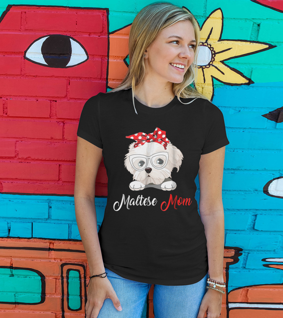 Maltese Mom Glasses Red Bow Birthday Outfit93 T-Shirt