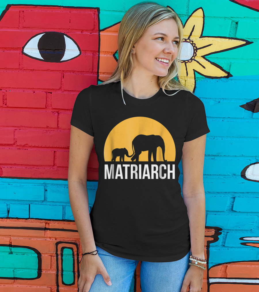 Matriarch Elephant Silhouette With Yellow Sunset Circle T-Shirt
