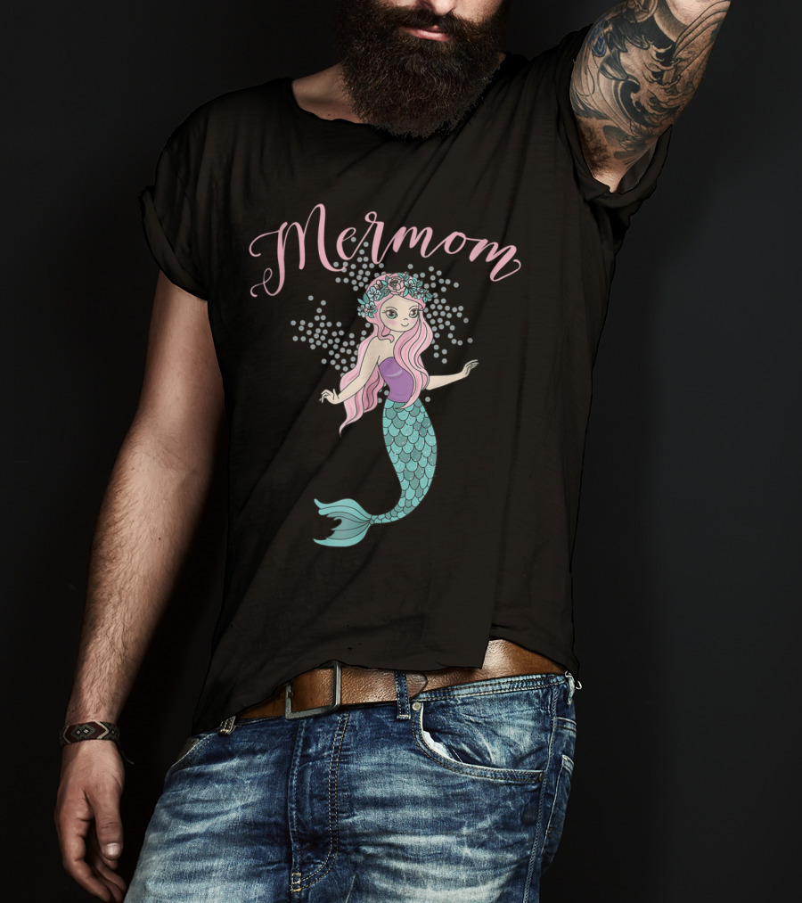 Mermom Mermaid With Pink Hair And Floral Crown T-Shirt