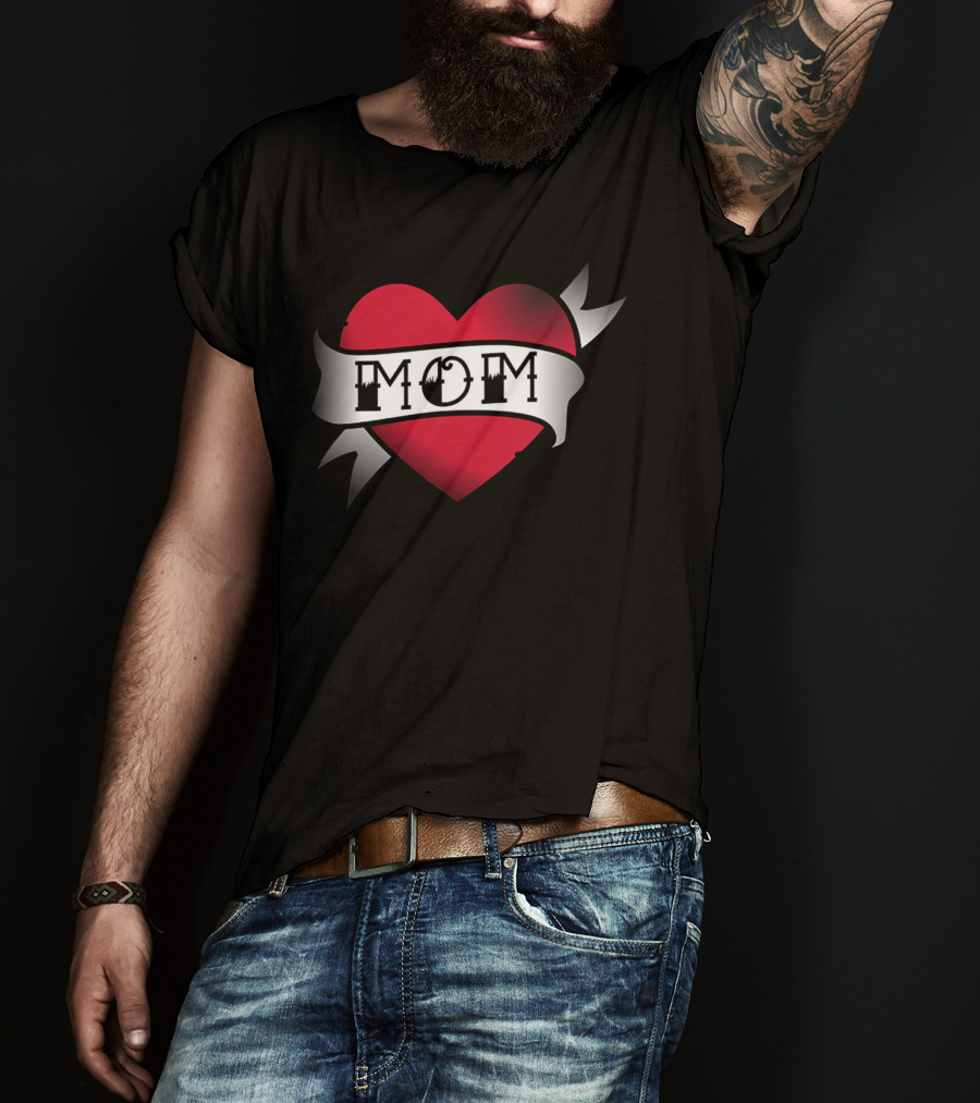 Mom Dark Red Heart Banner Tattoo T-Shirt