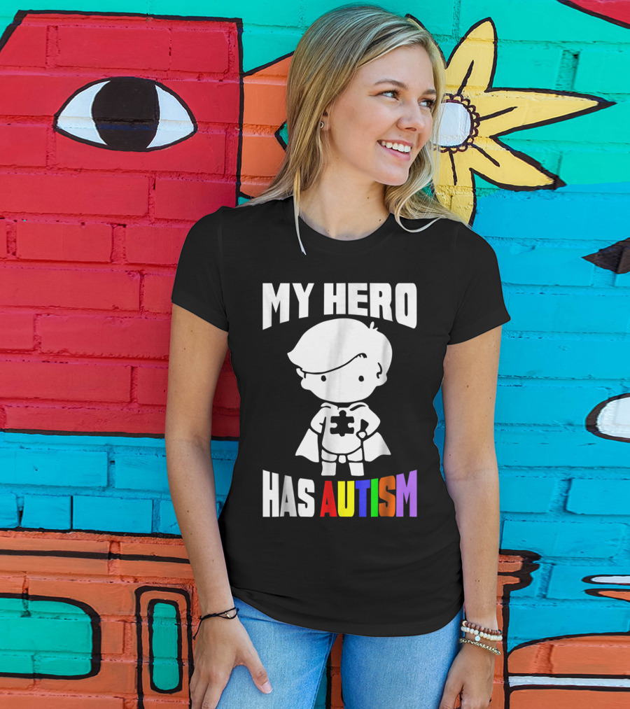 My Hero Has Autism Mom From Son56 Puzzle Cape Hero T-Shirt