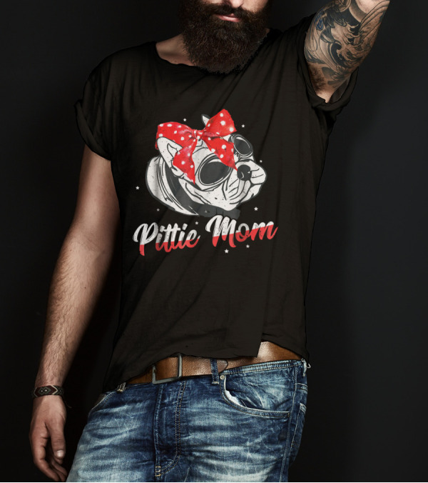 Pittie Mom American Pitbull Dog Lover Red Polka Dot Bow Glasses T-Shirt
