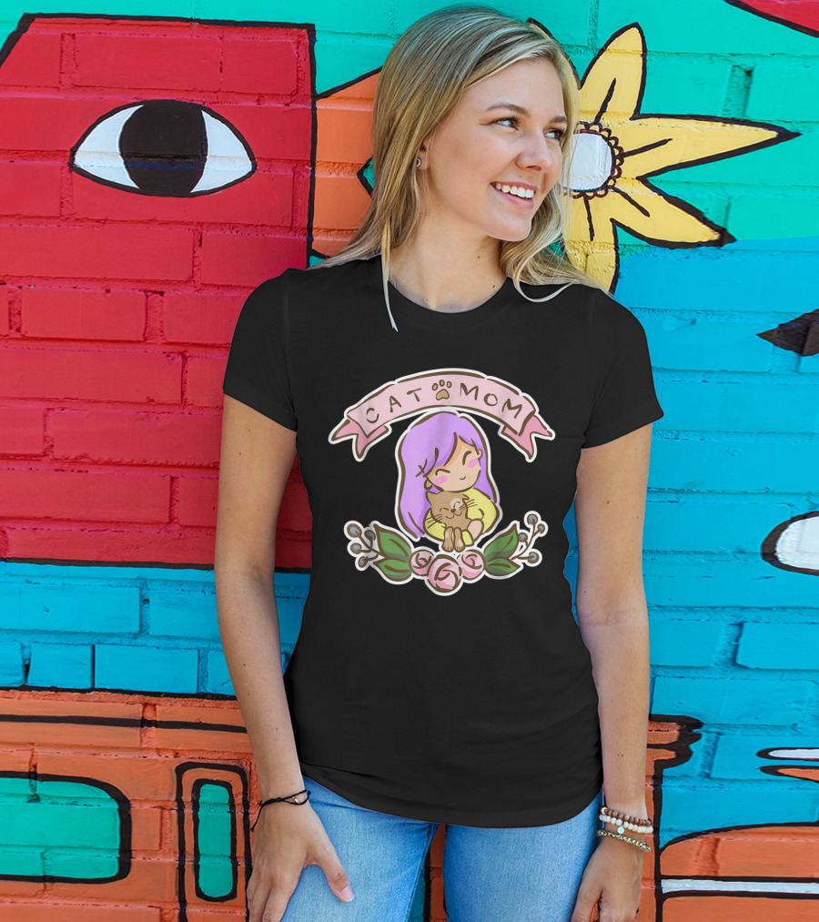 Cat Mom Cute Drawing With Purple Hair And Cat Hug T-Shirt