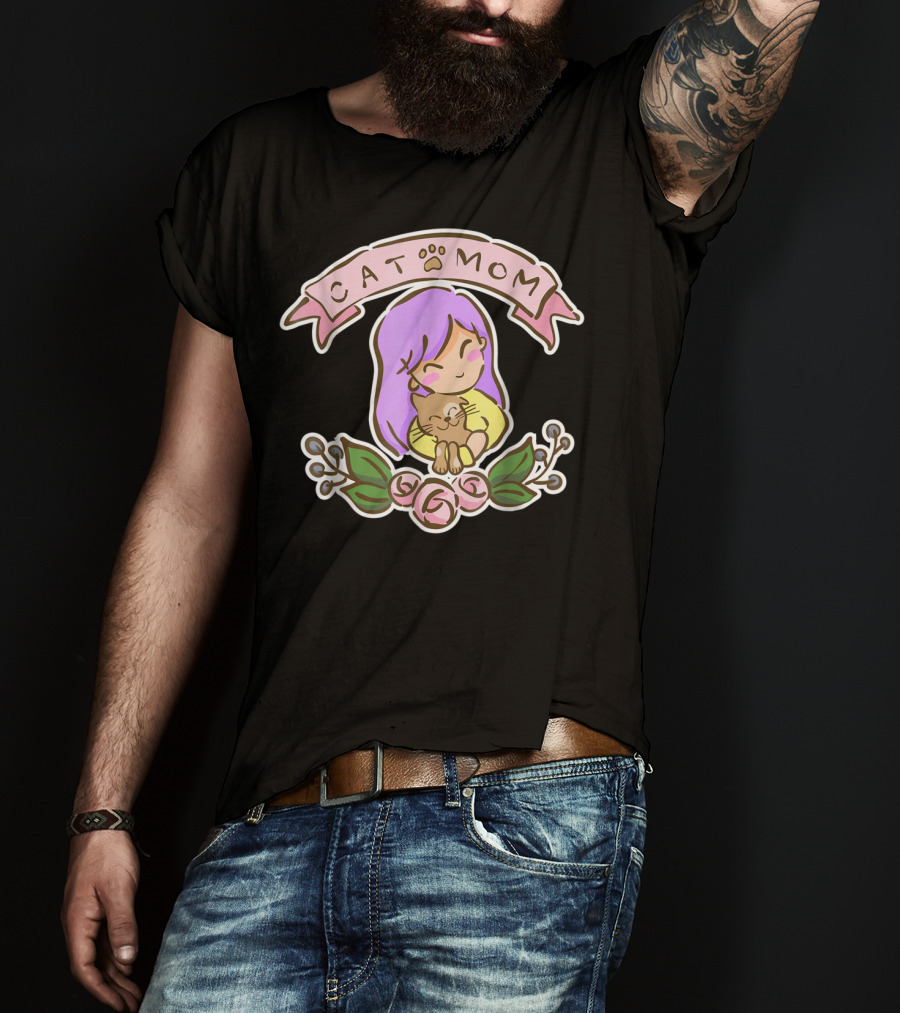 Cat Mom Cute Drawing With Purple Hair And Cat Hug T-Shirt