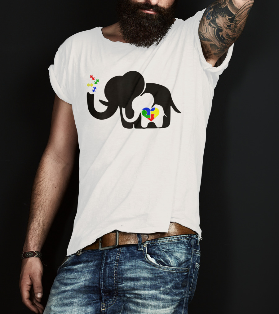 Autism Awareness Elephant With Puzzle Heart And Baby Elephant For Autism Mom T-Shirt